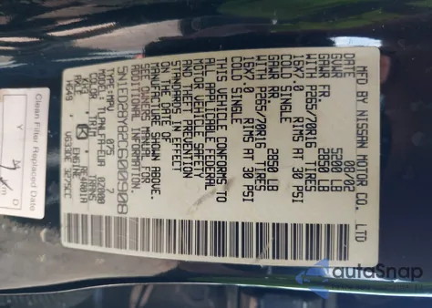 2002 Nissan Xterra Se z USA, uszkodzony, nr VIN 5N1ED28Y82C600908